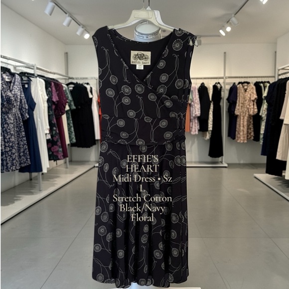 Effie's Heart Dresses & Skirts - Effie’s Heart Summer Midi Dress Large Black Navy Floral Stretch Faux Wrap